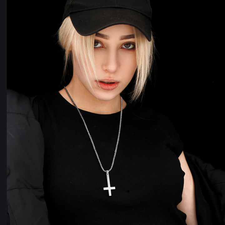 Stainless Steel Inverted Cross Pendant Necklace for Men Women