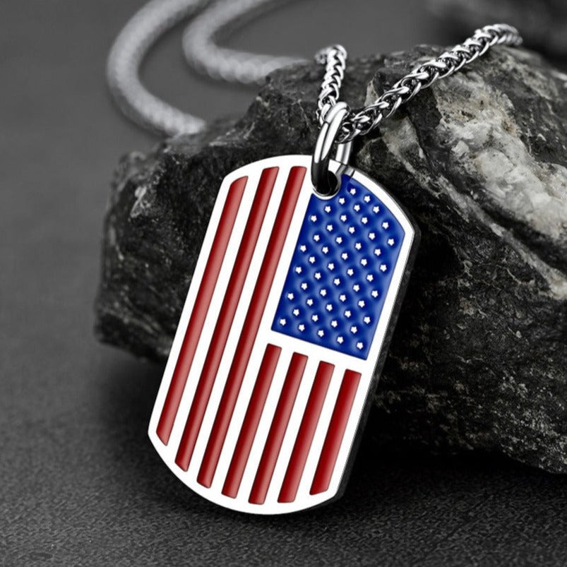 Engraved American Flag Dog Tag Necklace for Men