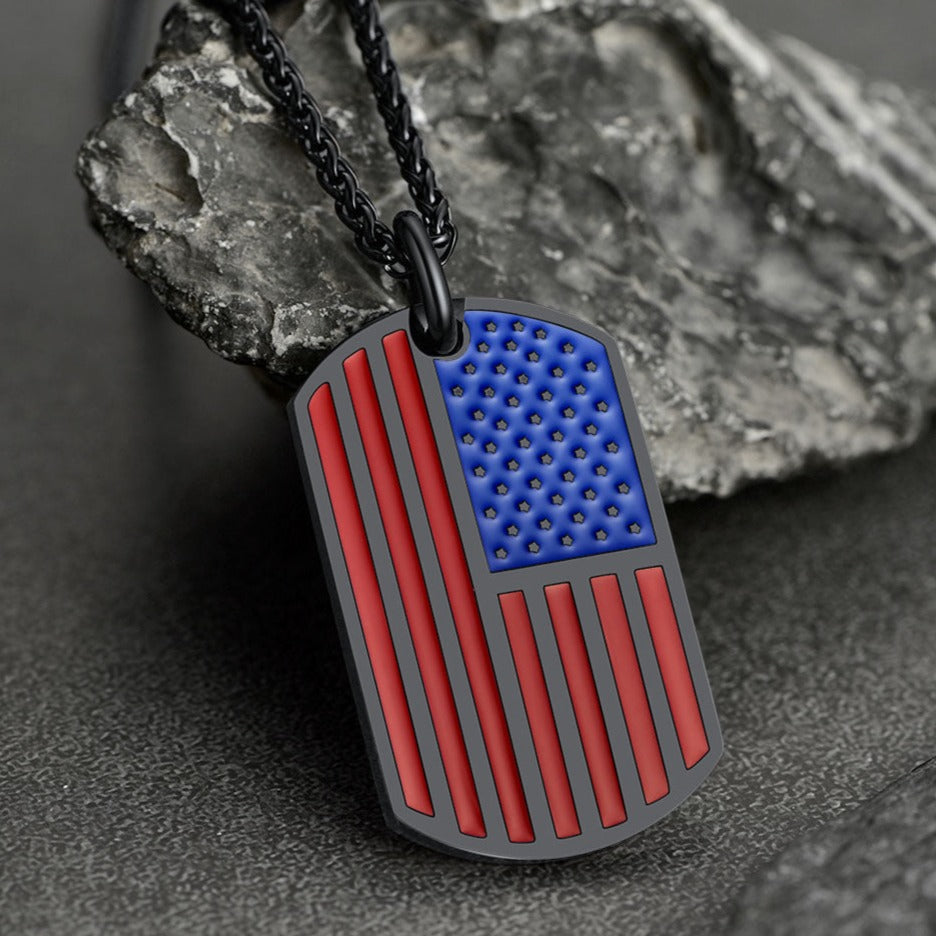 Engraved American Flag Dog Tag Necklace for Men