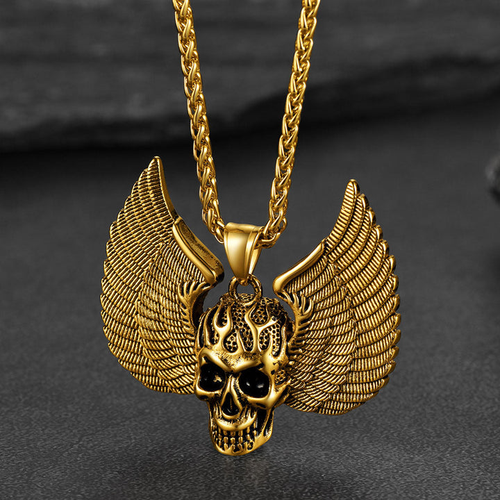 Gothic Flame Winged Skull Pendant Necklace for Men