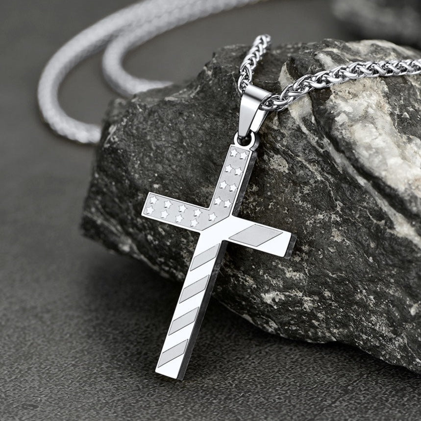 Patriotic American Flag Cross Pendant Necklace for Men Women