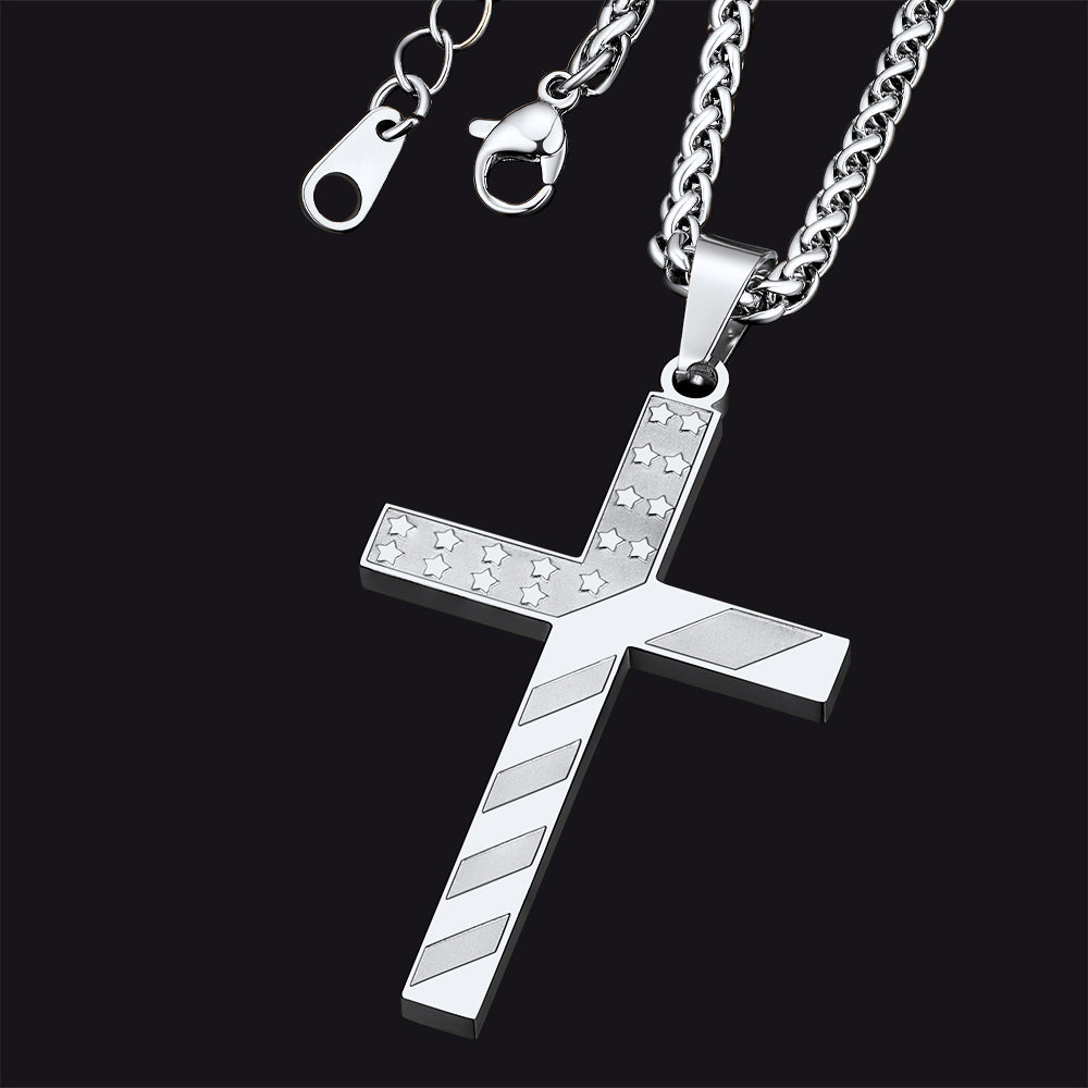 Patriotic American Flag Cross Pendant Necklace for Men Women