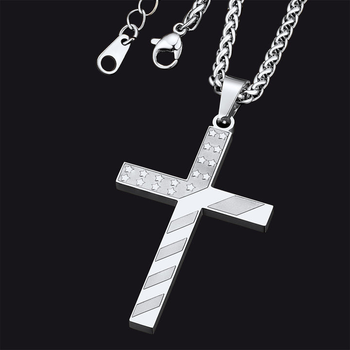 Patriotic American Flag Cross Pendant Necklace for Men Women