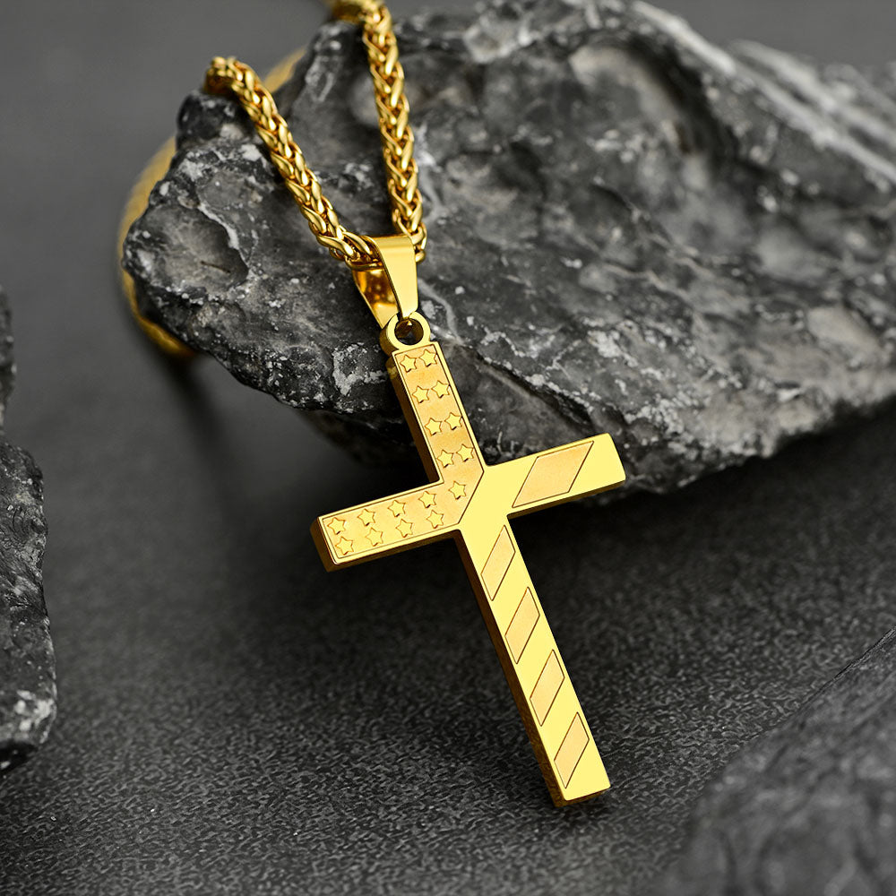 Patriotic American Flag Cross Pendant Necklace for Men Women
