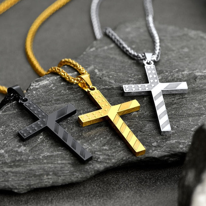 Patriotic American Flag Cross Pendant Necklace for Men Women