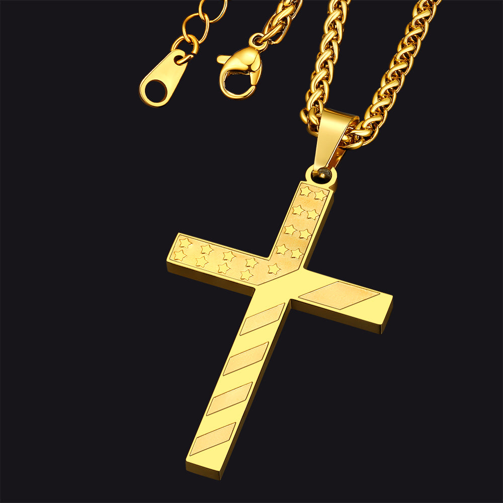 Patriotic American Flag Cross Pendant Necklace for Men Women
