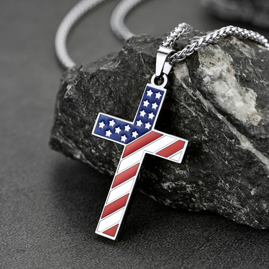 American Flag Cross Pendant Necklace for Men Women