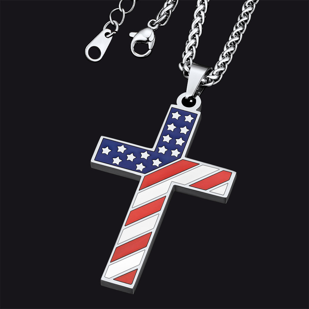 American Flag Cross Pendant Necklace for Men Women