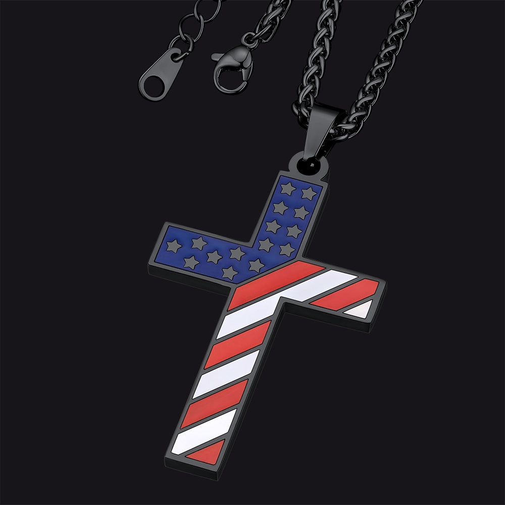 American Flag Cross Pendant Necklace for Men Women