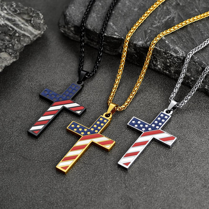 American Flag Cross Pendant Necklace for Men Women