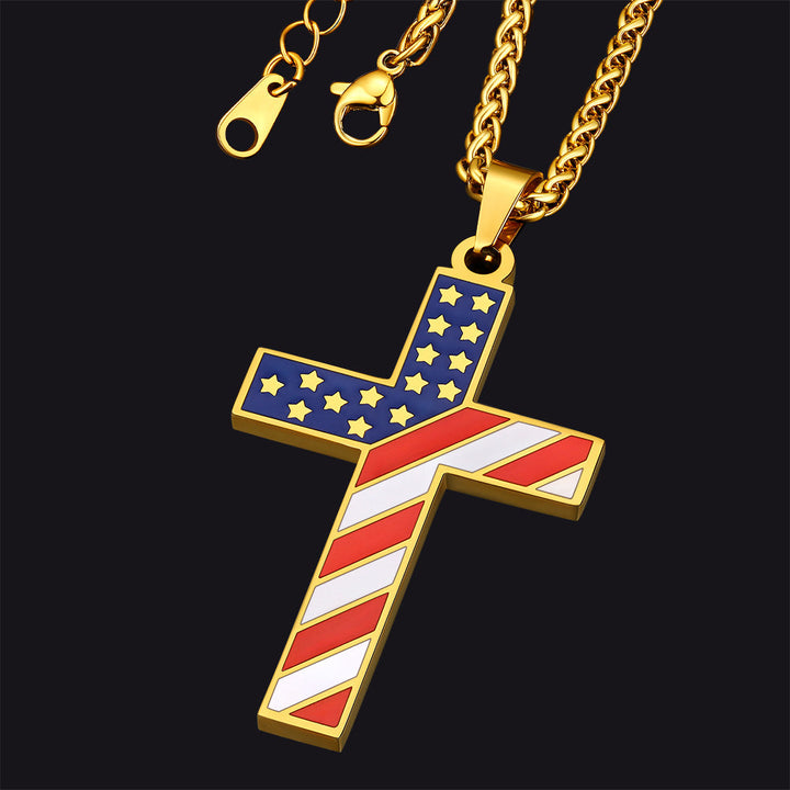 American Flag Cross Pendant Necklace for Men Women