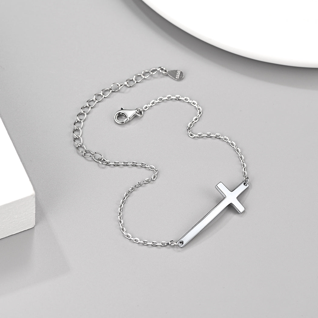 Sterling Silver Sideways Cross Bracelet For Men/Women