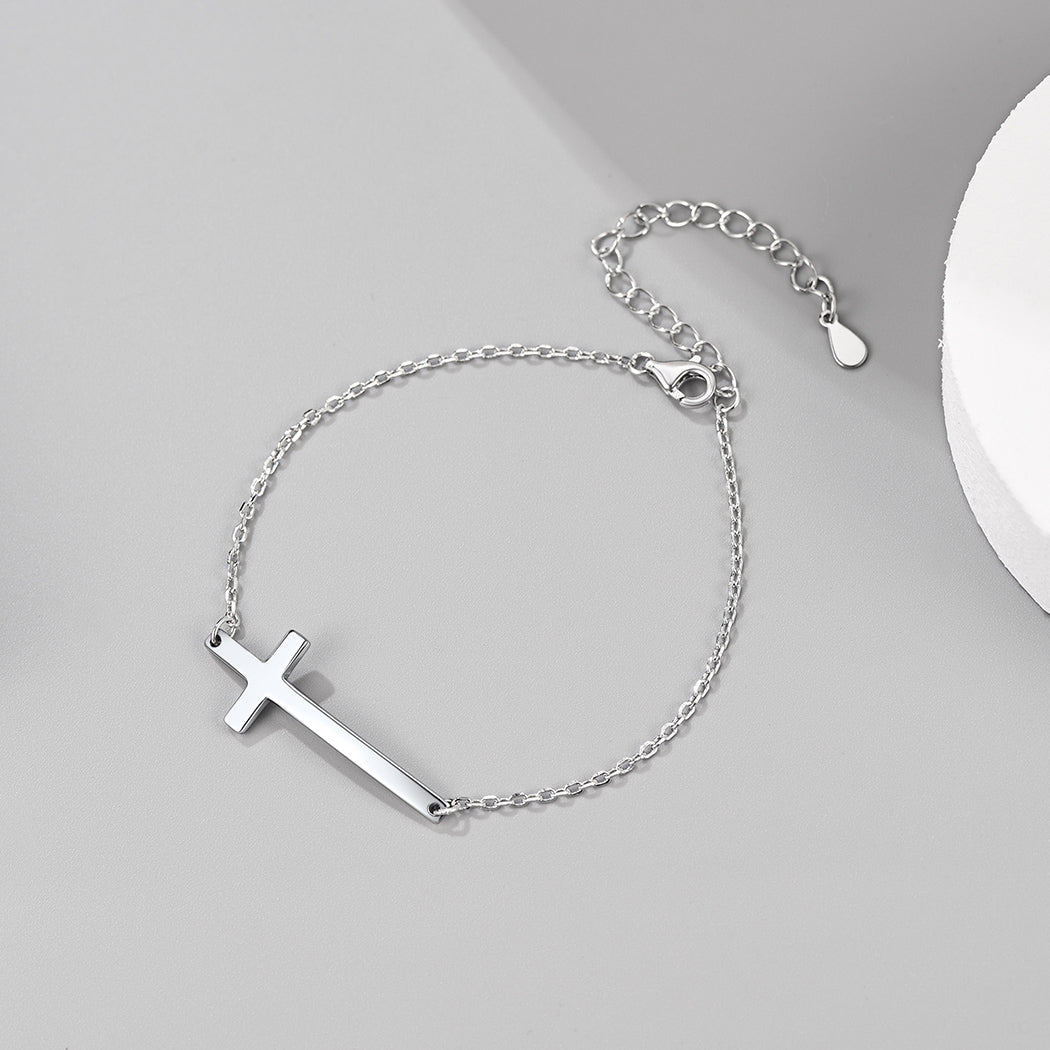 Sterling Silver Sideways Cross Bracelet For Men/Women