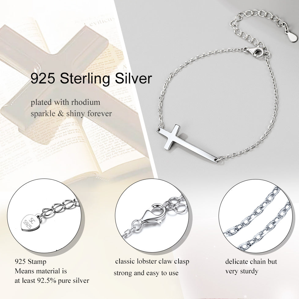 Sterling Silver Sideways Cross Bracelet For Men/Women
