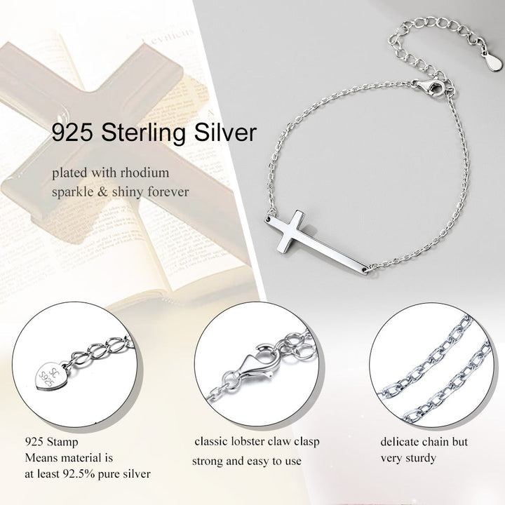 Sterling Silver Sideways Cross Bracelet For Men/Women