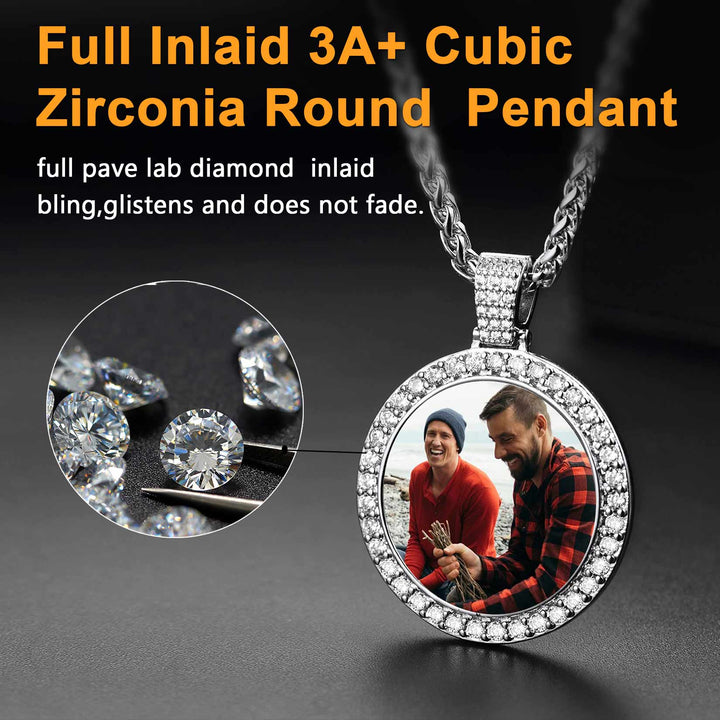 Customized CZ Picture Circle Chain Necklace with Calendar for Men Women