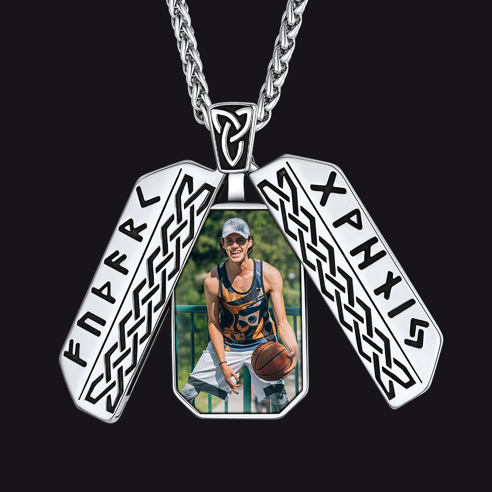 Personalized Picture Locket Dog Tag Necklace with Viking Rune for Men