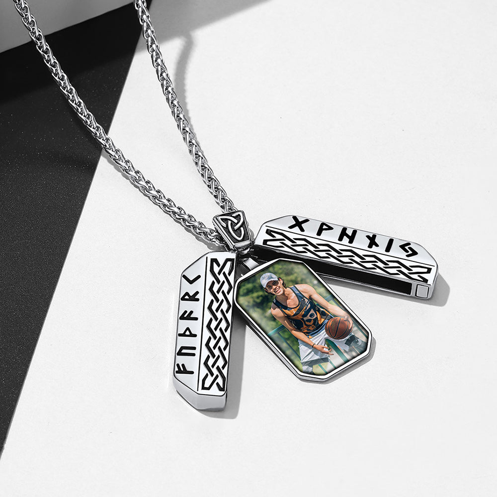 Personalized Picture Locket Dog Tag Necklace with Viking Rune for Men