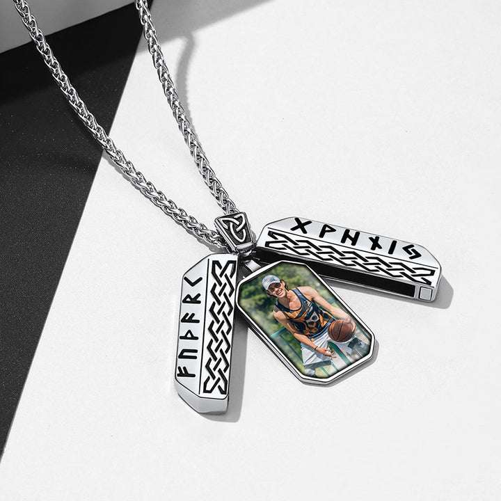 Personalized Picture Locket Dog Tag Necklace with Viking Rune for Men