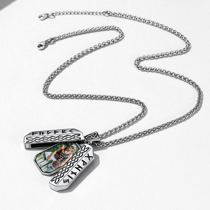 Personalized Picture Locket Dog Tag Necklace with Viking Rune for Men