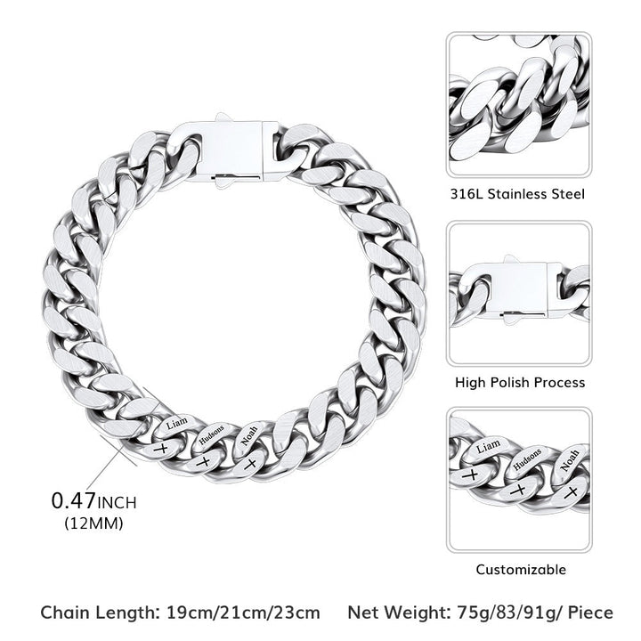 Personalized Multi Names Cuban Chain Bracelet with Cross Gift for Him Mens, 12MM Width