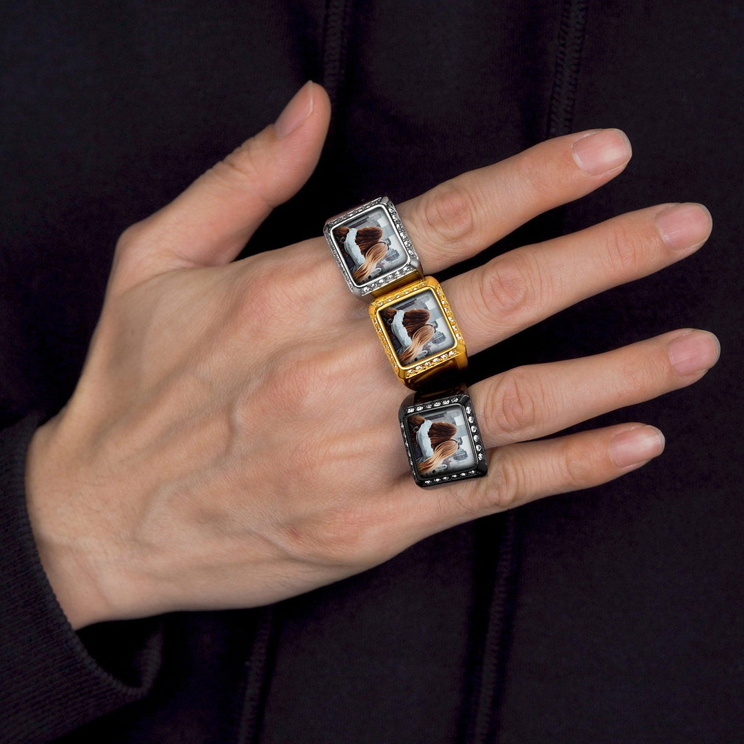 Personalized Photo Name Square Signet Ring Gift for Men and Women