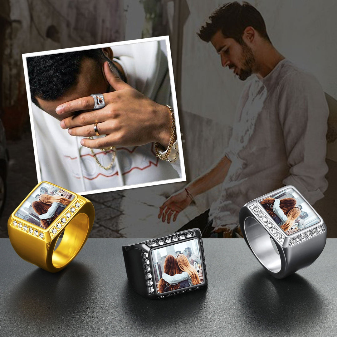 Personalized Photo Name Square Signet Ring Gift for Men and Women