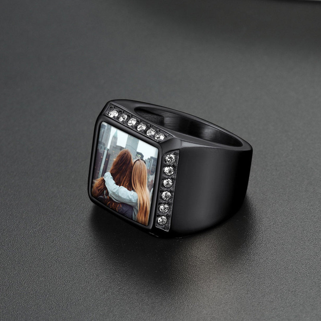 Personalized Photo Name Square Signet Ring Gift for Men and Women