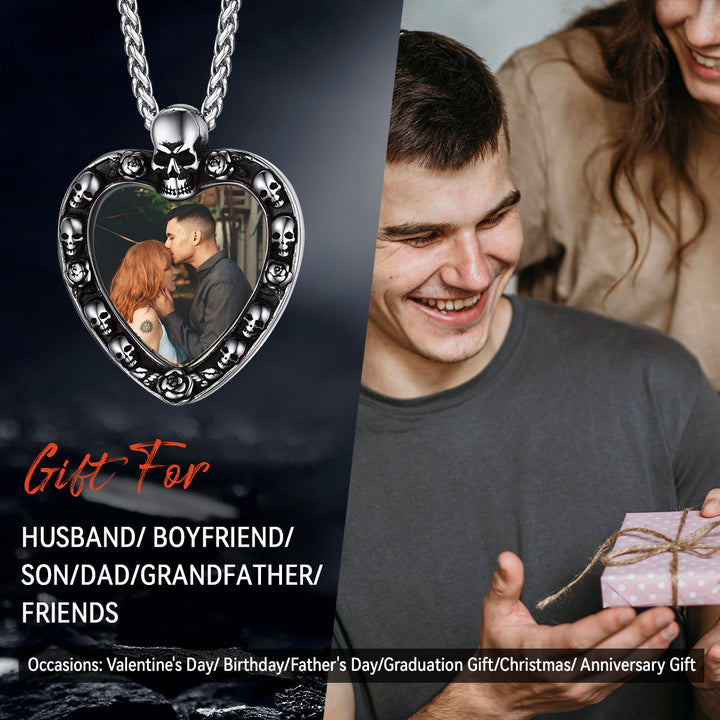 Customized Memorial Heart Photo Necklace with Skull for Men and Women