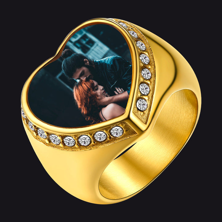 Personalized Custom Heart Photo Signet Ring for Women and Men
