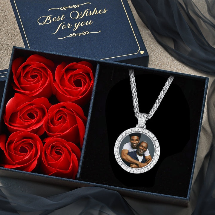 Customized CZ Picture Circle Chain Necklace with Calendar for Men Women