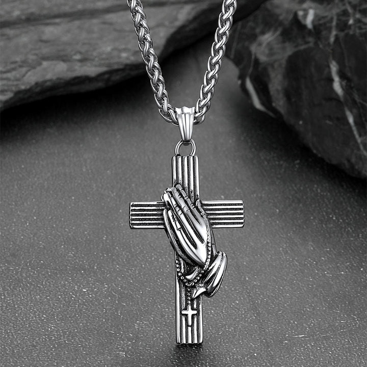 Customized Cross Urn Ashes Necklace with Praying Hands for Memorial Gift