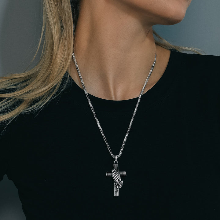 Customized Cross Urn Ashes Necklace with Praying Hands for Memorial Gift