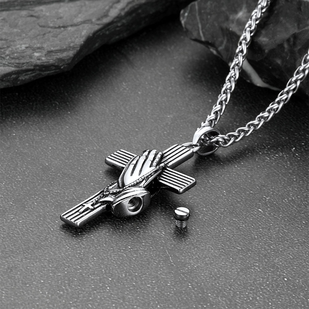 Customized Cross Urn Ashes Necklace with Praying Hands for Memorial Gift