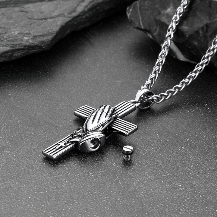 Customized Cross Urn Ashes Necklace with Praying Hands for Memorial Gift