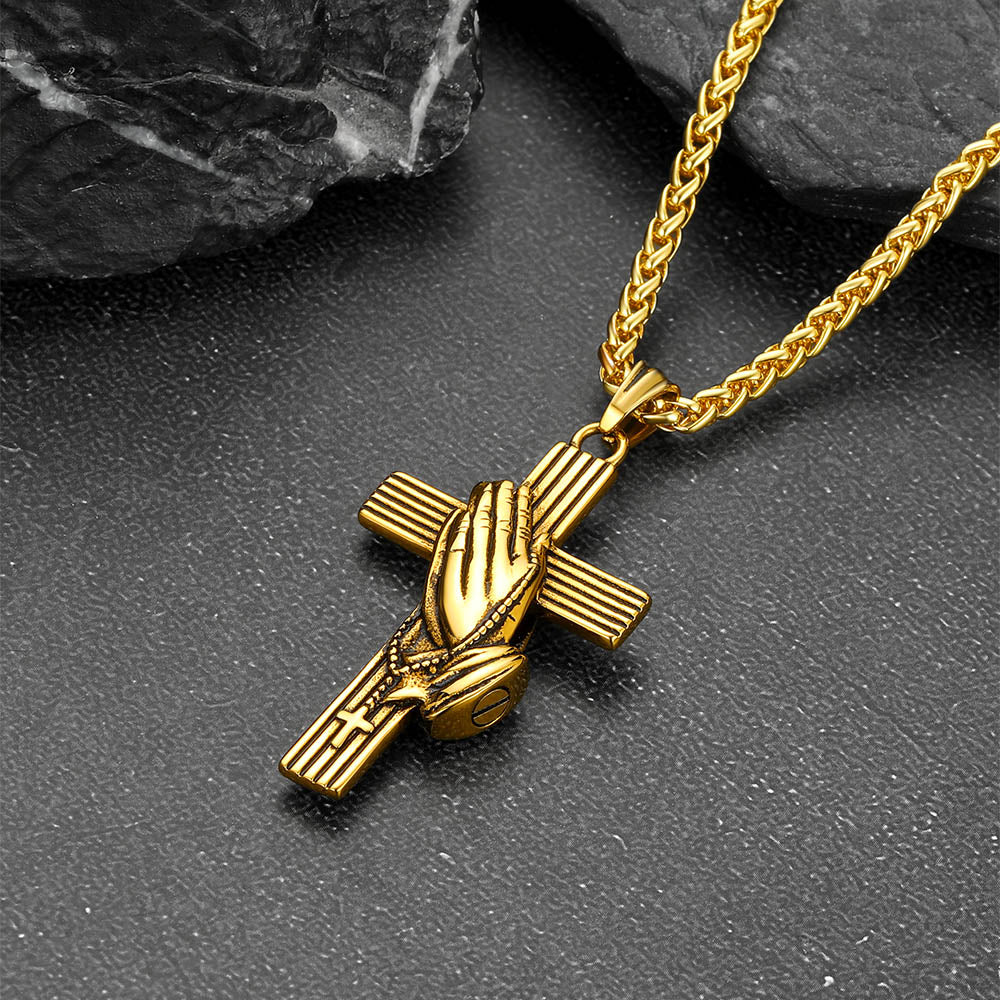 Customized Cross Urn Ashes Necklace with Praying Hands for Memorial Gift