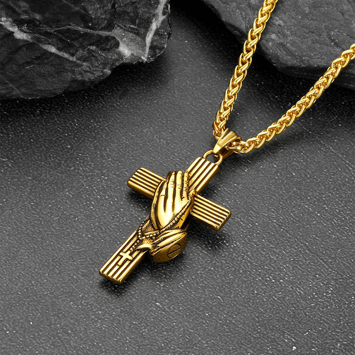 Customized Cross Urn Ashes Necklace with Praying Hands for Memorial Gift
