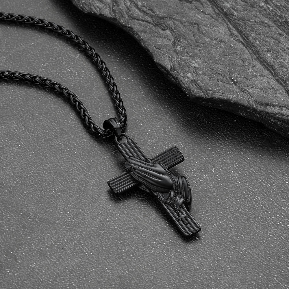 Customized Cross Urn Ashes Necklace with Praying Hands for Memorial Gift