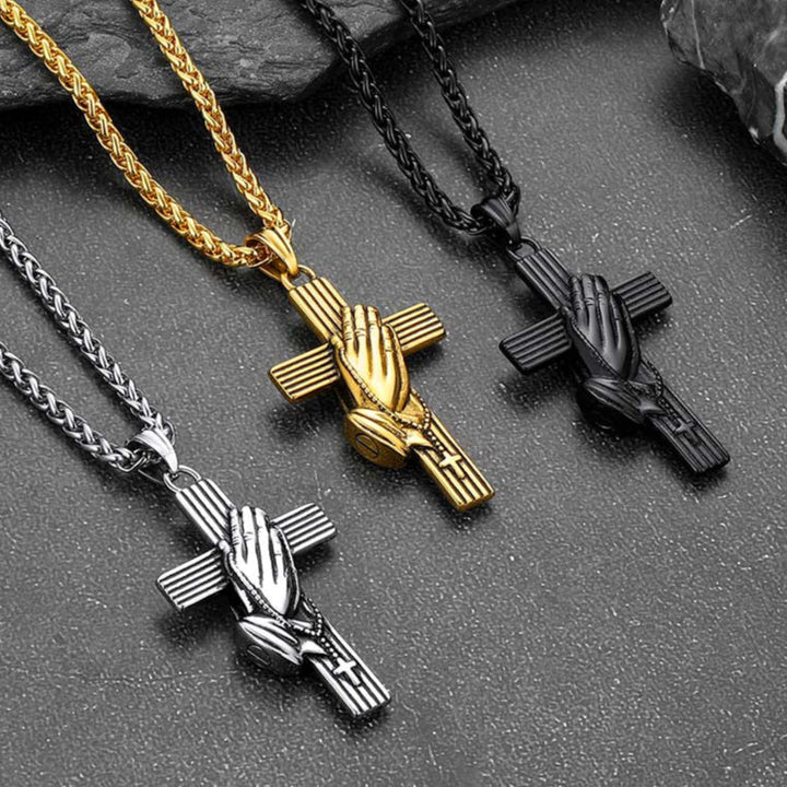 Customized Cross Urn Ashes Necklace with Praying Hands for Memorial Gift