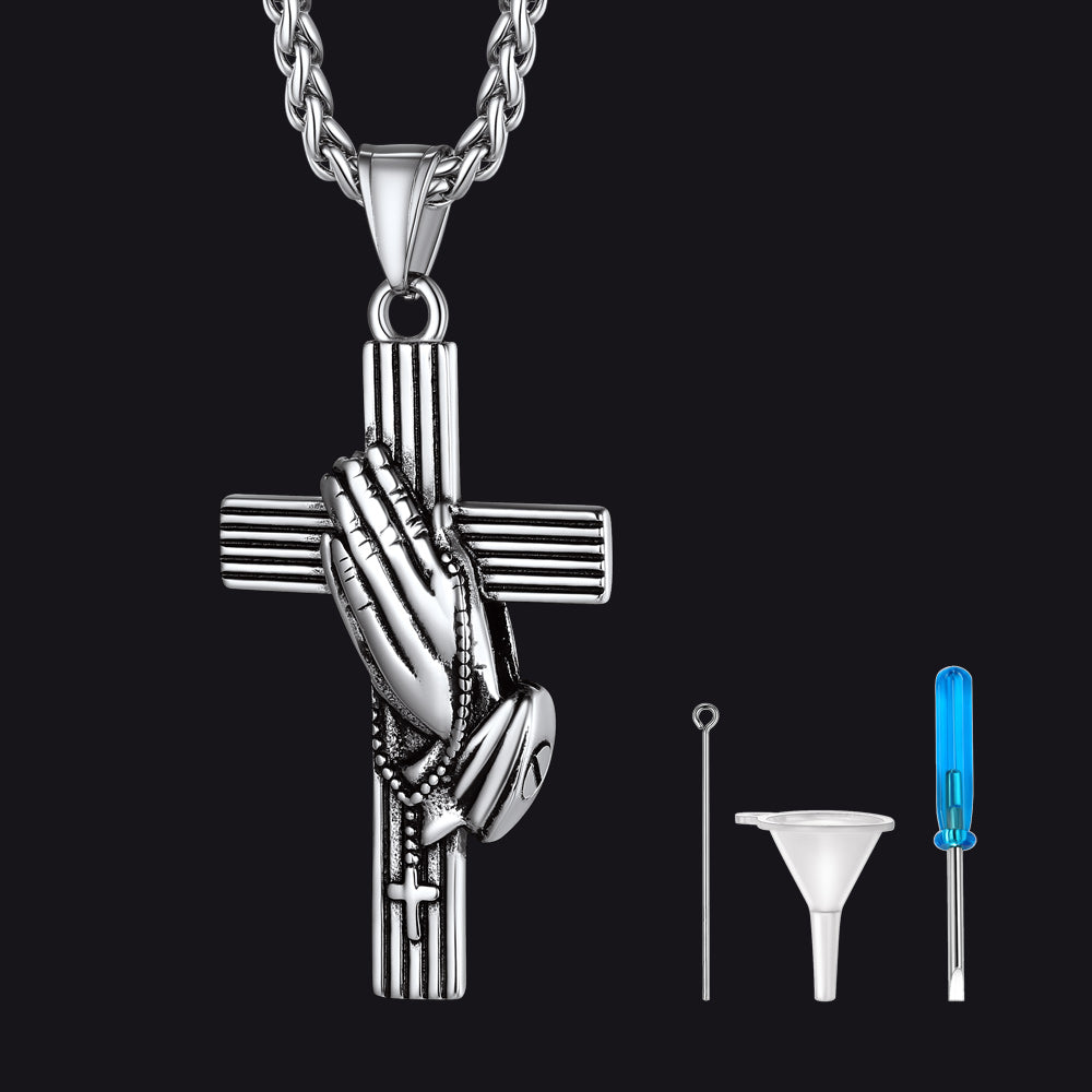 Customized Cross Urn Ashes Necklace with Praying Hands for Memorial Gift