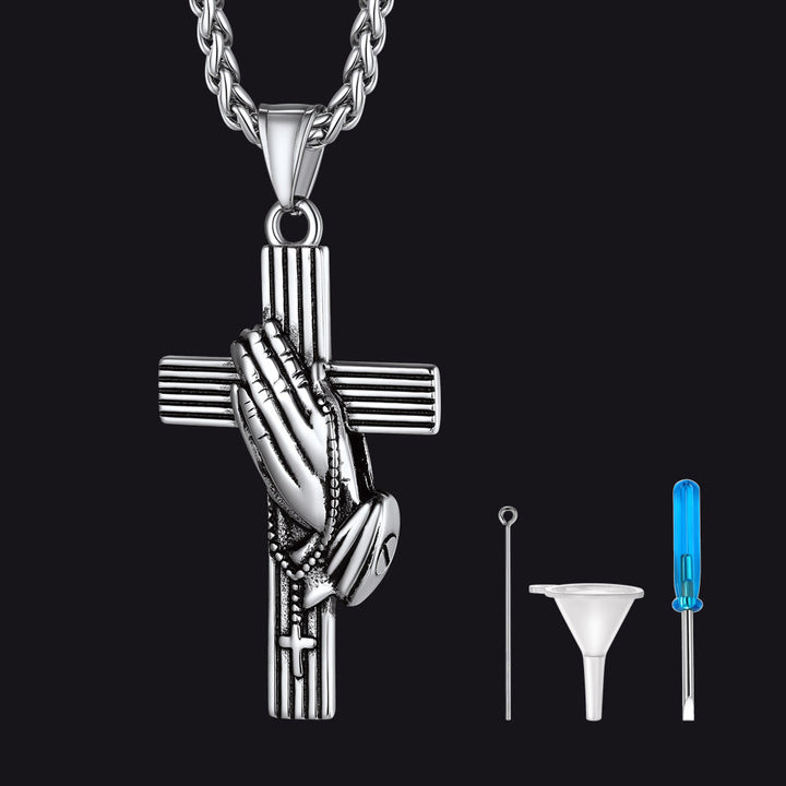 Customized Cross Urn Ashes Necklace with Praying Hands for Memorial Gift