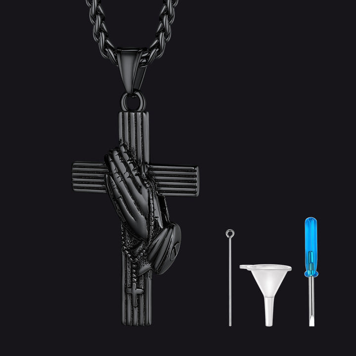 Customized Cross Urn Ashes Necklace with Praying Hands for Memorial Gift