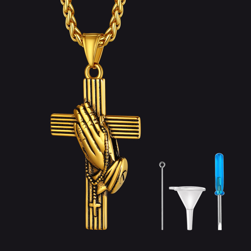 Customized Cross Urn Ashes Necklace with Praying Hands for Memorial Gift
