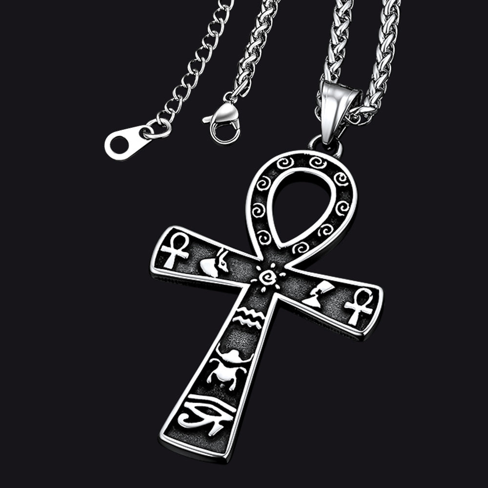 Egyptian Ankh Cross Necklace Pendant With Hieroglyphic For Men