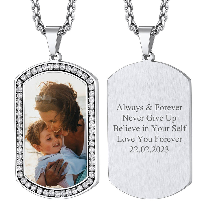 Customized Picture Dog Tag Necklace with Cubic Zirconia Memorial Gift for Men Women