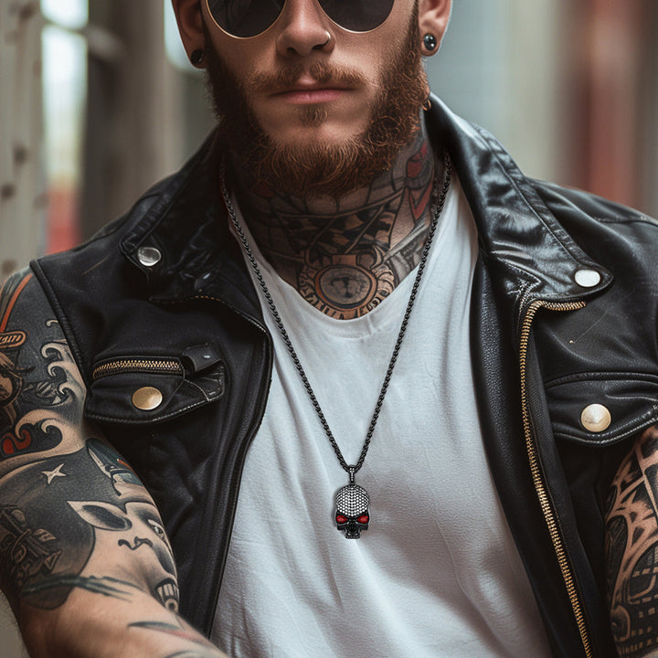 Halloween Gothic Skull Diamond Necklace With Red Eye For Men