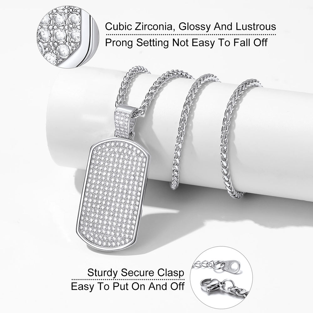 Military Stainless Steel Diamond Dog Tag Pendant Necklace for Men