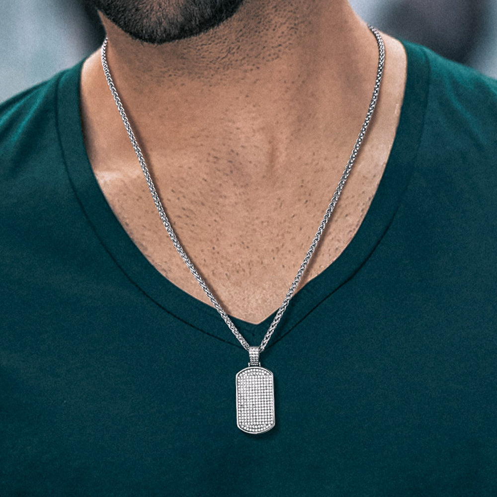 Military Stainless Steel Diamond Dog Tag Pendant Necklace for Men