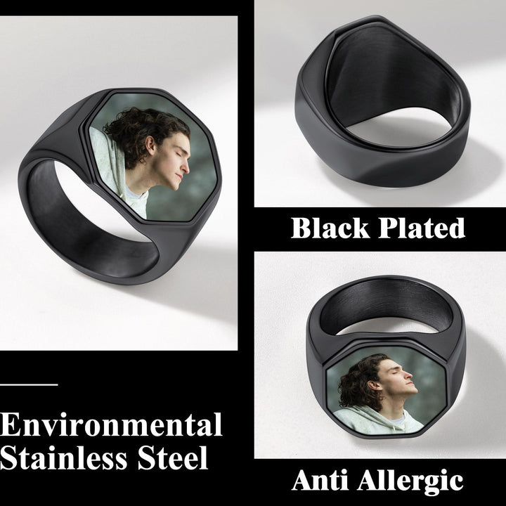 Personalized Octagon Signet Ring with Photo for Men