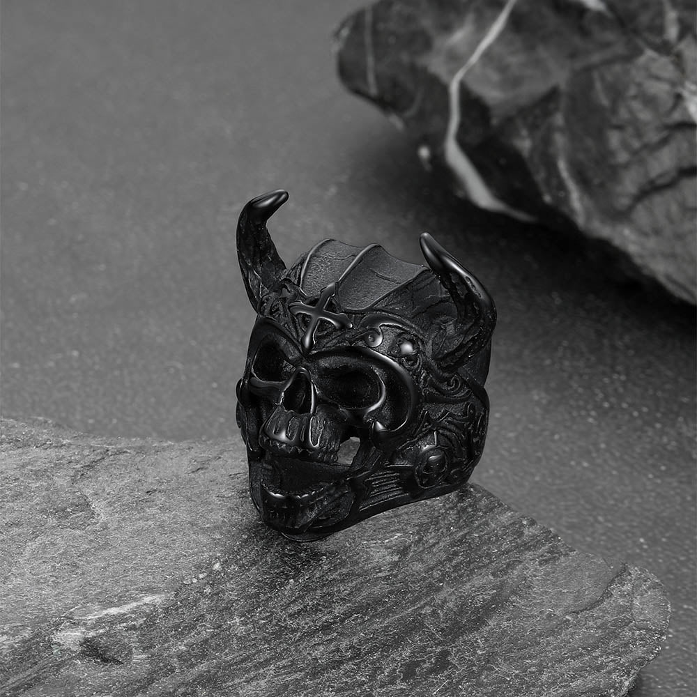 Heavy Metal Demon Skull Ring with Horns for Men, Stainless Steel Band